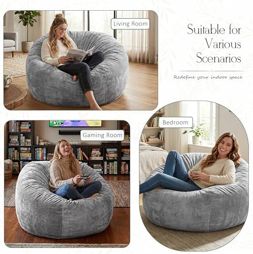 ZurNesfure Bean Bag Chair for Adults,3FT Giant Bean Bag Chair Grey,Medium | Fluffy Bean Bag Chairs with Filler & Machine Washable Cover, Handle, Side Pocket Oversized Beanbag for Living Room, Bedroom