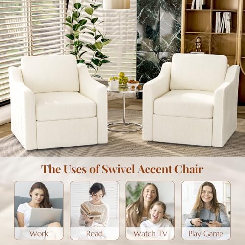 360°Swivel Accent Chair with Lumbar Support, Swivel Armchair with Deep Seat | Soft Chenille Upholstered, Metal Swivel Base, Set of 2 Beige Chairs for Reading & Relaxing, Living Room