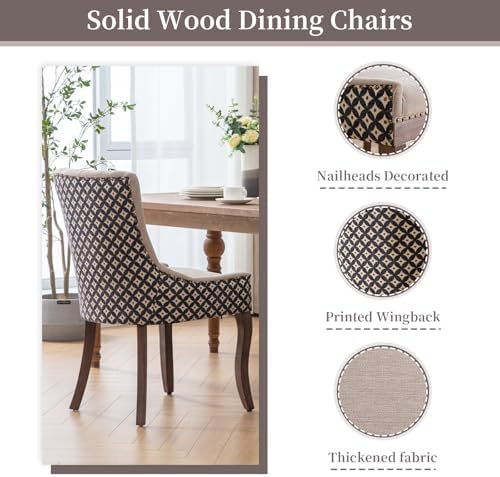Beige Pattern Upholstered Dining Chairs Set of 4, Farmhouse Kitchen Chairs | Nailhead trim; solid wood legs; breathable fabric; high back; easy assembly; heavy duty dining chairs 400 lb capacity