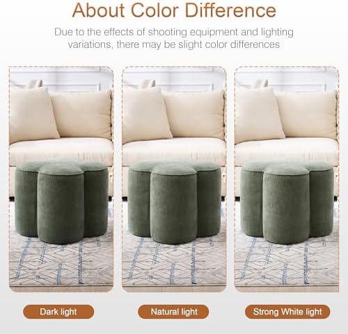 Zesthouse Flower Pouf Ottomans Foot Rest Set of 2, Linen Poofy Ottomans | Large Ottoman Footstool for Couch, Modern Living Room Stool Seat, Cute Square Vanity Stool for Bedroom, Green Dorm Foot Stool