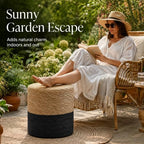 Wimarsbon Natural Seagrass Foot Stool, Hand Weaving Round Ottoman, for Living Room, Outdoor Seat (Natural & Black)