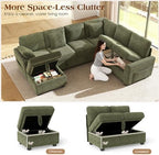 Ihanherry 7-Seater Large Sectional Sofa Bed with Storage Ottoman & Lovescat, Corduroy Modular Sleeper Sofa Set with USB Port & 4 Pillows, 106" U-Shaped Convertible Couch for Living Room（Green）