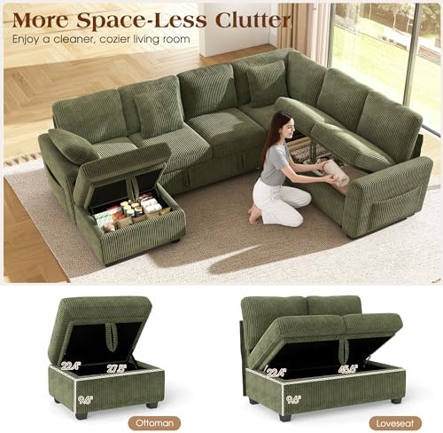 Ihanherry 7-Seater Large Sectional Sofa Bed with Storage Ottoman & Lovescat, Corduroy Modular Sleeper Sofa Set with USB Port & 4 Pillows, 106" U-Shaped Convertible Couch for Living Room（Green）
