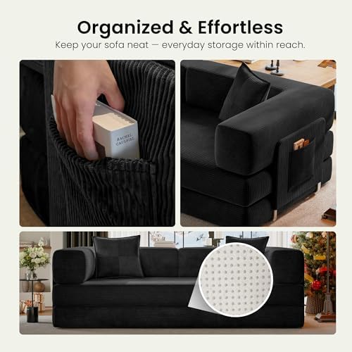 78.8" Convertible Futon Sofa Bed, Couch for Living Room | Corduroy Loveseat Sleeper Sofa, Modular Futon Couch with Storage Pocket, Pull Out Couch No Assembly | Black
