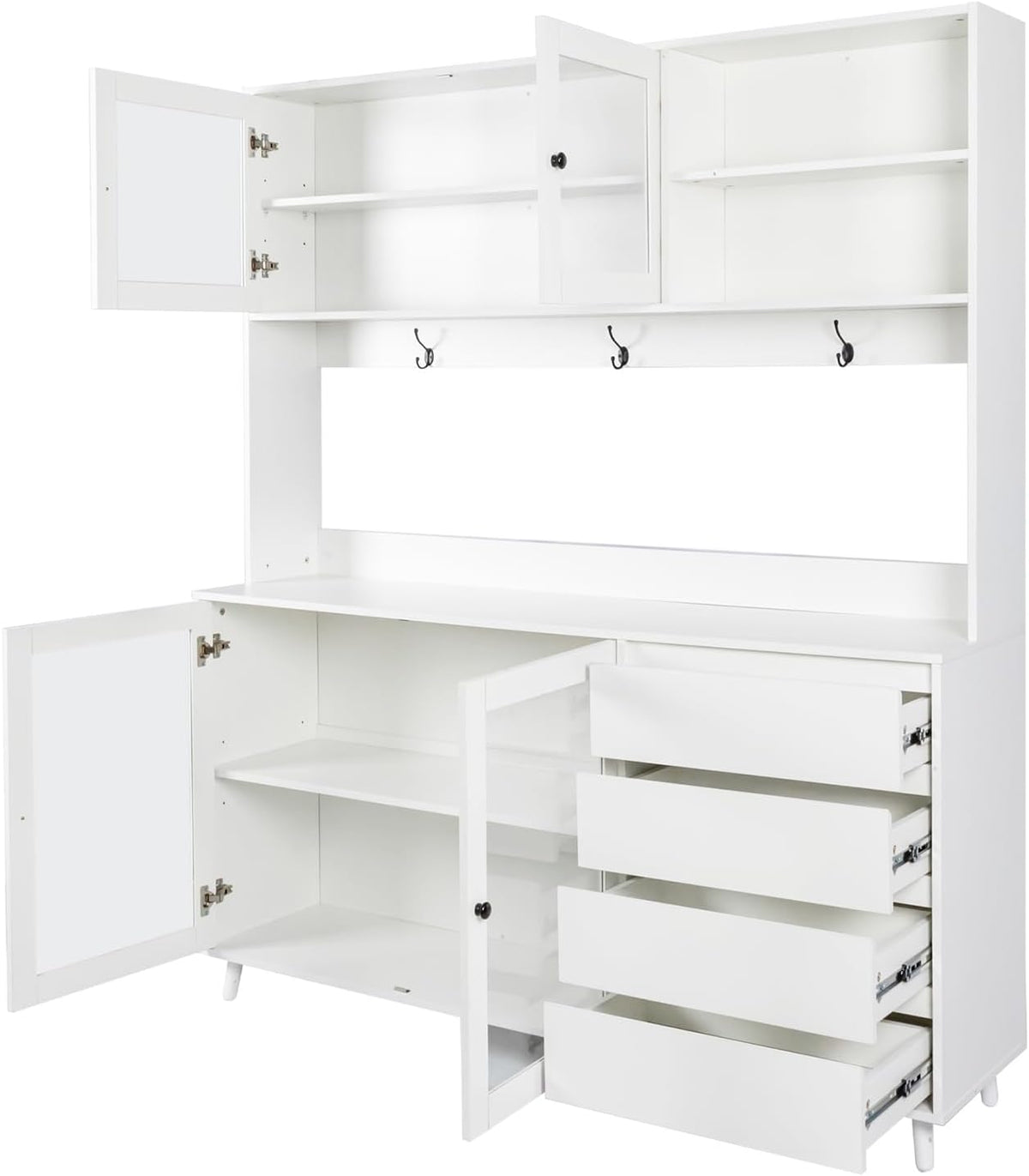 74.8" Tall Kitchen Pantry Storage Cabinet, Modern Food Pantry Cabinet with Microwave Stand Wooden Kitchen Hutch Cabinet with 4 Doors, 4 Drawers and 3 Hooks for Dining Room, White