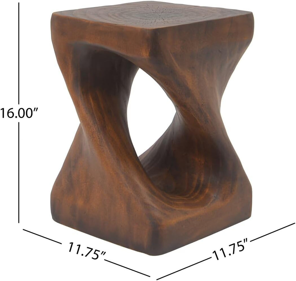 Modern End Table Square Solid Wood Pedestal Side Table Rustic Plant Stand with Twisted Design for Living Room, Bedroom, Office, Antique Brown