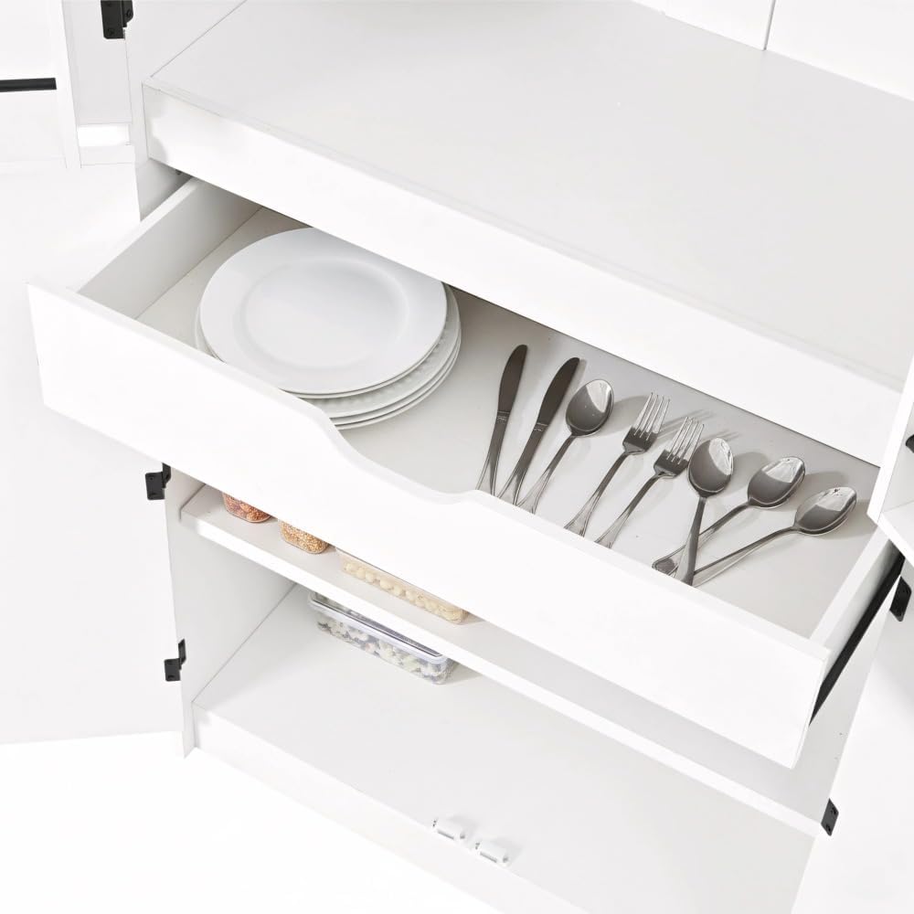 72" Tall Kitchen Pantry with Hidden Drawer, 8 Door Shelves & 3 Adjustable Shelves Farmhouse Cabinet, Versatile Cupboard for Kitchen, Dining & Bathroom (White)