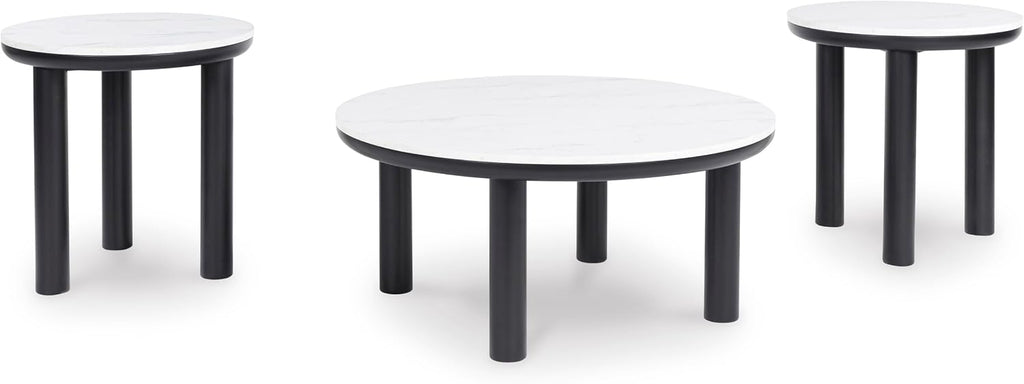 GTU Furniture Casual MDF Round 3-Piece Coffee Table Set, Cocktail Table with 2 Matching End Tables, Black/White Finish for Living Room