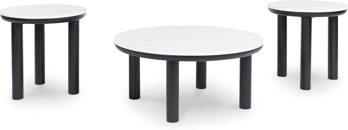 GTU Furniture Casual MDF Round 3-Piece Coffee Table Set, Cocktail Table with 2 Matching End Tables, Black/White Finish for Living Room