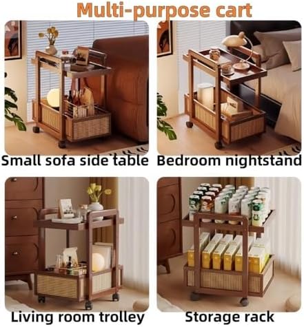 Modern 2-Tier Bamboo Rolling Side Table with Rattan, Stylish Coffee Table on Wheels, Versatile End Table for Living Room & Office, Durable & Chic Design