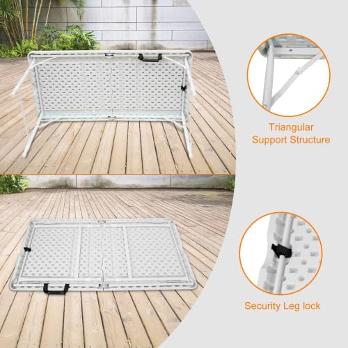 Folding Table 4FT, Heavy Duty Portable Plastic Folding Table with Handle, Anti-Slip Feet, Waterproof, Easy to Clean, Adjustable Height, 300LBS Capacity, Foldable for Indoor Outdoor Use(White)