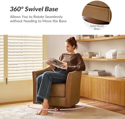 HULALA HOME Leather Swivel Accent Chair with Wood Base Set of 2, Camel | 360-degree Round Swivel Barrel Chair for Living Room Bedroom Apartment