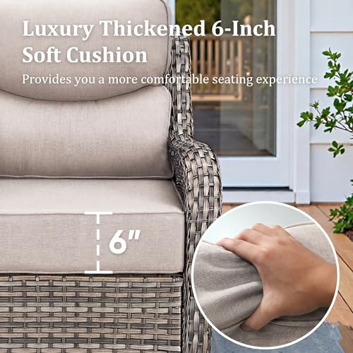 Luxury Outdoor Swivel Rocker Patio Chairs Set of 2 with 6-Inch Thick Cushions, High Back Swivel Patio Chairs Wicker Outdoor Gliders for Porch, Yard, Deck, Poolside, Grey/Beige