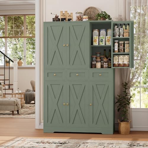 HOSTACK 67"H Farmhouse Kitchen Pantry Storage Cabinet with 3 Drawers, Green | Large Food Pantry Cabinet with Swing-Out Door Rack & Adjustable Shelf for Kitchen, Dining room, Living room