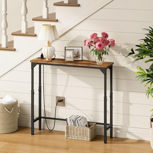 CHOEZON 29.5" Narrow Console Table with Adjustable Height (21.1"-29.9"), Behind Couch Table, Entryway Table with Power Outlet, Narrow Sofa Table, for Entryway, Rustic Brown and Black TXG10UBF