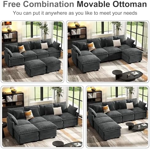 107" Cloud Couch Sectional Modular Sofa, Deep Seat Couches with Ottoman and Removable Washable Pillows for Living Room, Bedroom, Apartment, Black