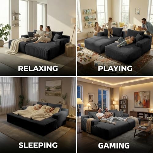 Sytopia Loveseat Chaise Lounge with Armrests, Oversized Sofa Bed with 4 Pillows, Cozy Sleeper, Modular Sectional Couch for Living Room Bedroom, Floor Chair Furniture sala Corduroy