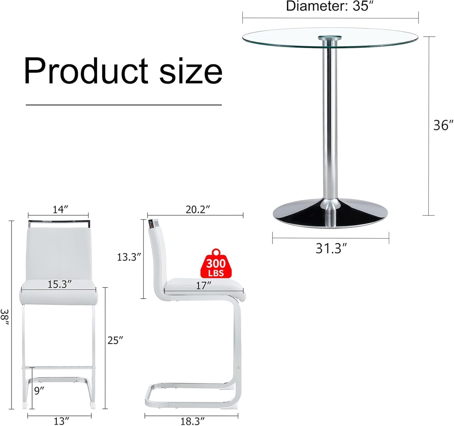 3 Pecies Round Glass Dining Table Set for 2, Small Circle Kitchen Table with Metal Base and White Upholstered Seat High Back PU Leather Chairs, Modern Dining Table and Chairs for livingroom