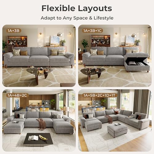 SITJOY Cloud Couch Sectional, 6 Seater V-Shaped, Chenille in Light Gray | Detachable and Washable Cover, Sectional Sofas for Living Room, Deep Seat Wide Couch with Chaise, Storage Ottoman
