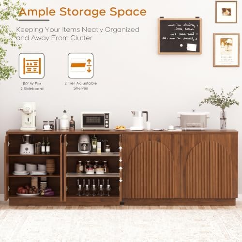 Yechen 110" Modular Fluted Sideboard Buffet Cabinet with Storage, Wood Mid Century Modern Credenza Cabinet w/Arched Reeded Doors & Adjustable Shelves for Kitchen, Living Room, Walnut