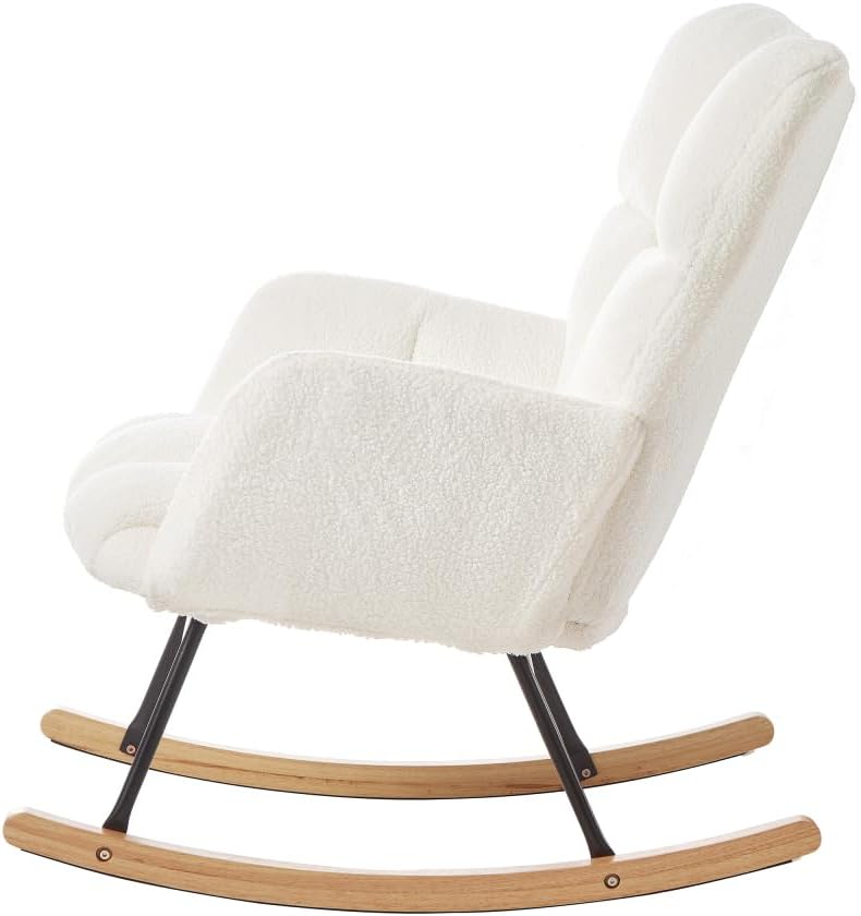 Glider Chair for Living Room Tufted Upholstered Teddy Fabric Rocking Chair with Metal Frame,Pink (Ivory + Teddy)