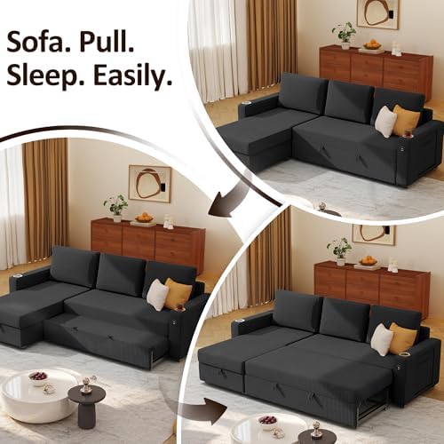Ball & Cast 80" Sectional Sleeper Sofa Bed Pull Out Couches for Living Room | L Shaped Convertible Pull Out Sofa Bed with Storage Chaise, LED Lights, Foldable Table, USB Ports, Cup Holder and Side Pocket