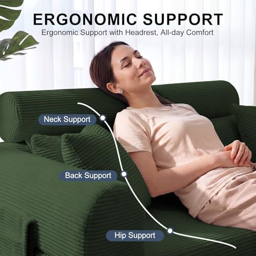 79" Convertible Futon Sofa Bed,High Back Couch for Living Room | 5-in-1 Corduroy Loveseat Sleeper, Futon Couch with Ergonomic Support & Side Storage Pocket, No Assembly,Olive Green