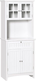 Elegant Buffet, Kitchen Pantry Storage Cabinet with Framed Glass Door Drawer and Microwave Space, White