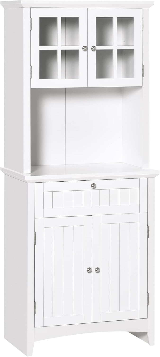 Elegant Buffet, Kitchen Pantry Storage Cabinet with Framed Glass Door Drawer and Microwave Space, White