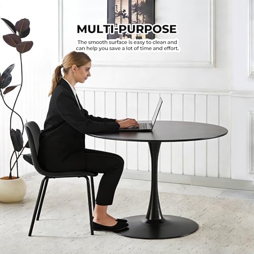 42" Tulip Table for 4-6 Persons Modern Round Dining Room Table, Mid-Century Modern Black Small Kitchen Table with MDF Wooden Top, Leisure Coffee Table for Living Room, Dining Room, Office