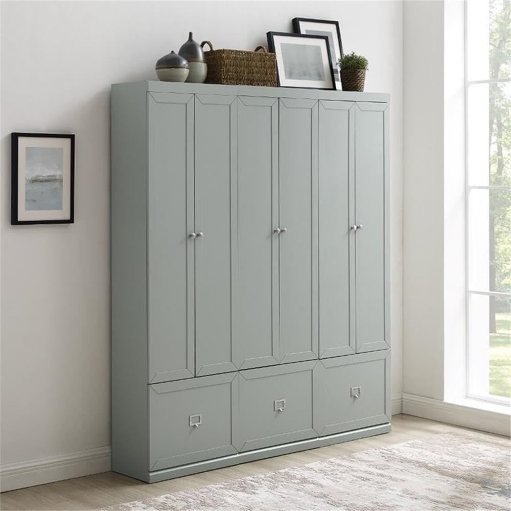 Pemberly Row Modern Wood/Metal Pantry Closets, 74" H x 66" W x 12.5" D, Distressed Gray Finish, Set of 3 Modular Cabinets with Adjustable Shelves, Drawers, Hooks, Traditional or Farmhouse Style