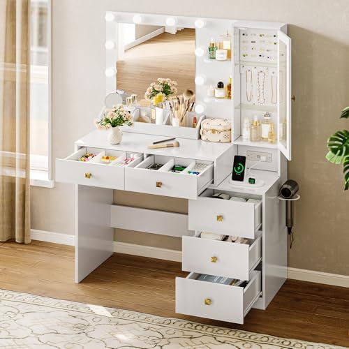 HUANLEGO Vanity Desk with Mirror and Lights, White Makeup Vanity Mirror with Lights Desk with 5 Drawers, Jewelry Organizer& LED Glass Cabinet, 3 Light Mode Dressing Table Set for Girls, Women