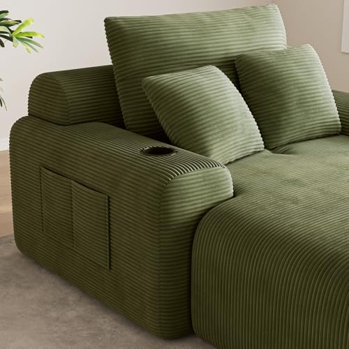 69” Floor Chaise Lounge Chair Indoor, Oversized Chaise Lounge Reading Chairs with 4 Side Pockets and 2 Cup Holders, Comfy Corduroy Sleeper Sofa Bed for Living Room Bedroom Apartment, Green