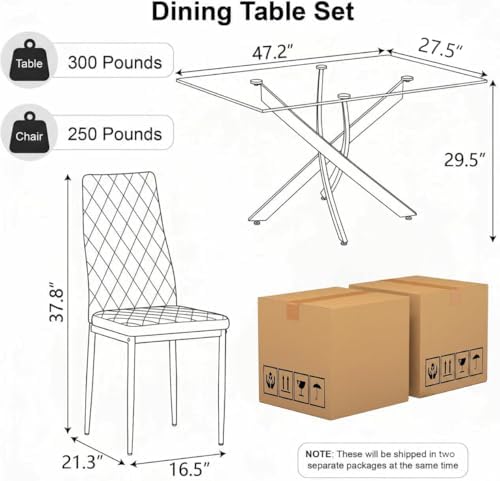 5 Piece Glass Dining Table Set for 4, Modern Kitchen Table and Chairs Set, Tempered Glass Table with 4 Upholstered Chairs, Space-Saving Dining Set for Small Apartment, Kitchen (Silver&White)