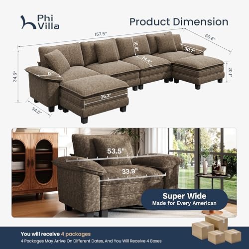 PHI VILLA Oversized 6-Seat U Shaped Modular Cloud Couch Sectional Sofa | Grayish Brown Chenille Fabric 157.5", Modern Couches for Living Room with Chaise, Solid Wood Frame, Wider Armrest, Deep Seat