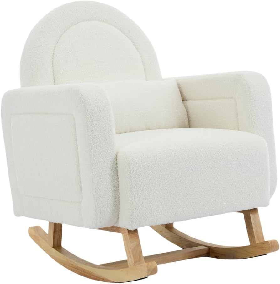 Accent Rocking Chair with Pillow, Ultimate Comfort for Your Home, Teddy Velvet, Cream White (Cream White + Teddy + Rubberwood-1)