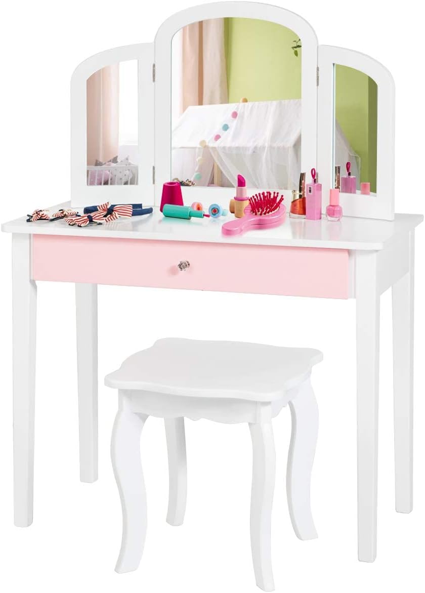 HONEY JOY Kids Vanity Set, Toddler Beauty Makeup Dressing Table w/Stool & Drawer, Tri-Fold Silver Mirror, Detachable Top, Wooden Princess Pretend Play Vanity Set for Little Girls (White)