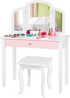 HONEY JOY Kids Vanity Set, Toddler Beauty Makeup Dressing Table w/Stool & Drawer, Tri-Fold Silver Mirror, Detachable Top, Wooden Princess Pretend Play Vanity Set for Little Girls (White)