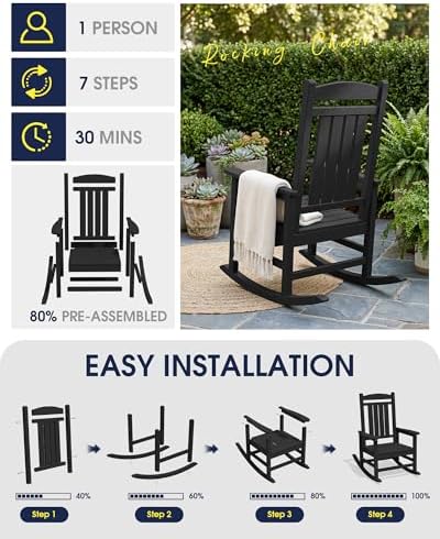 KINGYES Oversized Outdoor Rocking Chairs Set of 2, HDPE Porch Rocker, Black | - Rocking Chairs for Outdoor with Wide Seat - 350LBS Support for Adults
