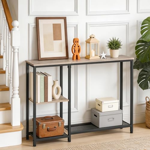 HOOBRO Narrow Console Table, Sofa Table, 44.9" Skinny Entryway Table | Long Behind Couch Table with Storage Shelves, for Living Room, Foyer, Hallway, Greige and Black BG86XG01
