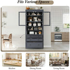 SOFTSEA Kitchen Pantry Cabinet with 3 Drawers, Kitchen Storage Cupboard with Power Outlet and Adjustable Shelves, Freestanding Display Cabinet for Living Room Dining Room, 36x16.5x78inch, Grey