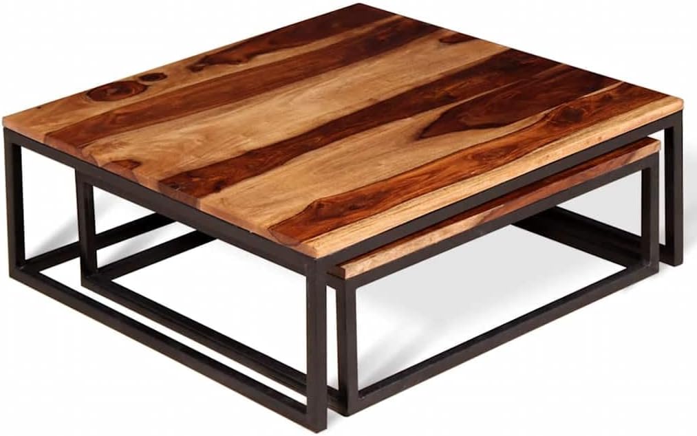2 Piece Nesting Coffee Table Set Solid Acacia Wood | Retro Industrial Style, Metal Frame, Space Saving, for Living Room Bedroom