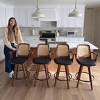 Mid Century Counter Stools, 26.3" Kitchen Island Stools with Curved Back | 360° Swivel, Ergonomic Rattan Back, Walnut Bentwood Frame, Natural Wood Legs, Faux Leather Upholstered for Kitchen, Island