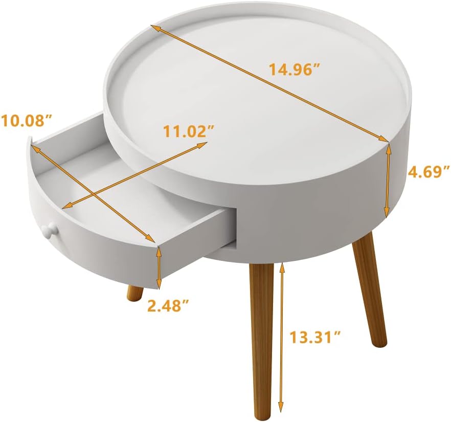 18" H Modern Nightstand with Storage Drawer & Oak Legs Bedside Table, Sofa Side Coffee Table for Bedroom, Living Room (White + MDF)