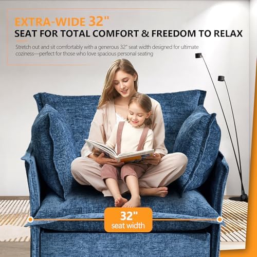 VINGLI 34" Width Oversized Accent Chairs Set of 2, Navy Sofa Reading Chair Upholstered Armchair Soft Chenille Fabric Living Room Chairs Sofa for Bedroom, Home Office, Play Room