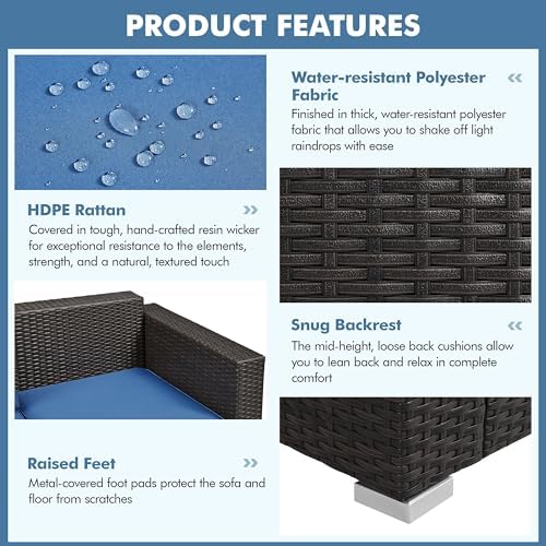 Yaheetech 3-Seat Patio Wicker Sofa, Outdoor Rattan Couch with Furniture Cover, Deep Seat High Back with Cushions & Throw Pillows for Deck/Porch/Balcony/Yard, Brown/Dark Blue