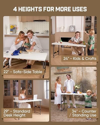 FanttikOutdoor Folding Table 4 Foot Quick Adjust Portable Plastic 4 Heights | Effortless Adjustable Height Small Card Table, Fixing Lock, Indoor Outdoor Use for Party Camping, 2-Pack White Zeta X4 Pro