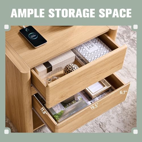 25" Tall Modern Nightstand Set of 2, 2 Storage Drawers (Natural)