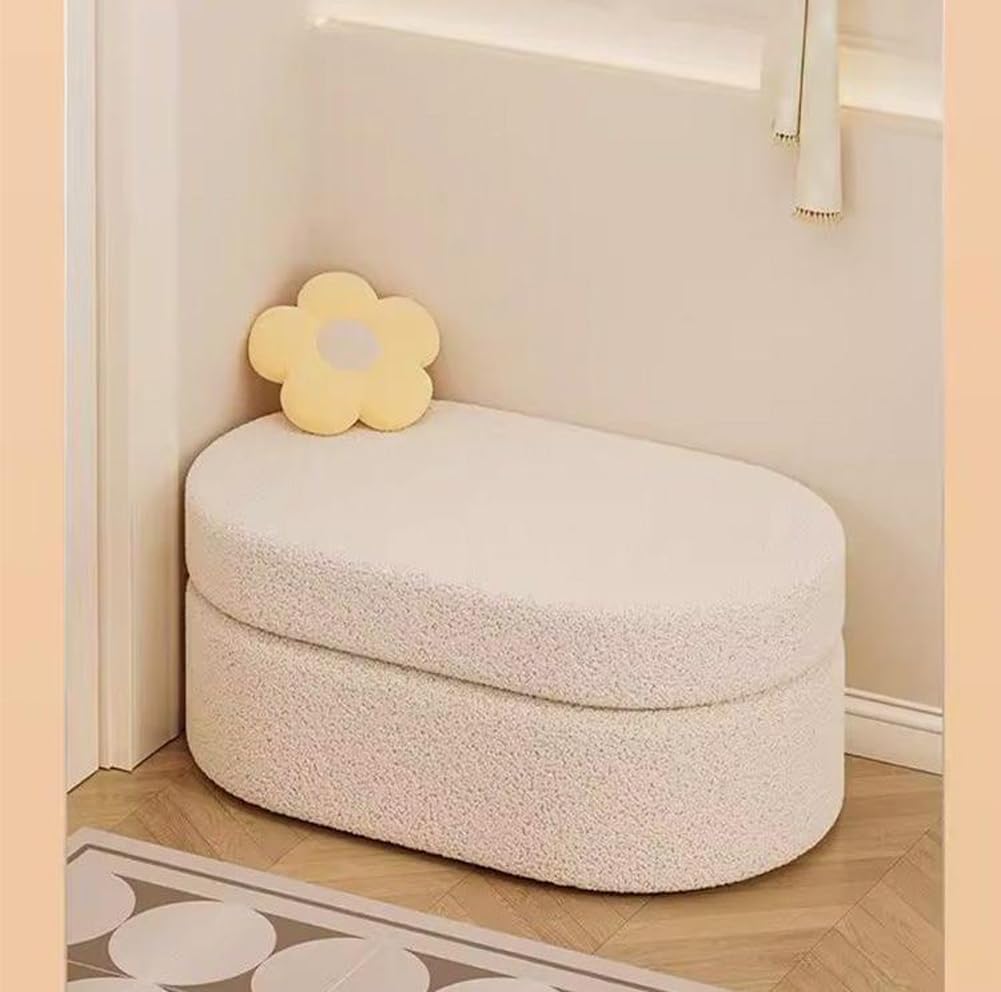 Oval Ottoman with Storage,Fleece Fabric Bed End Stool,Upholstered Padded Seat with Large Storage Space,Shoes Changing Stool for Entryway (Pink)