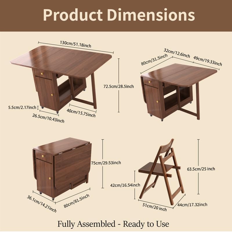 Folding Drop Leaf Dining Table with Hideaway Chairs for Small Spaces | Ready Assembled, Space Saving, Storage Cabinet, 4 Lockable Wheels, Supports up to 300 lbs, Solid Wood & Wood Grain Finish